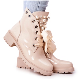 PL4 Lakierowane Ocieplane Workery Z Perełkami Beżowe Perla beżowy