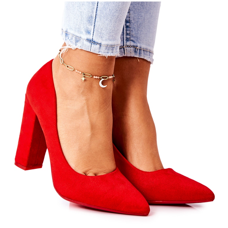 WS1 Zamszowe Czółenka Na Słupku Czerwone Valoris