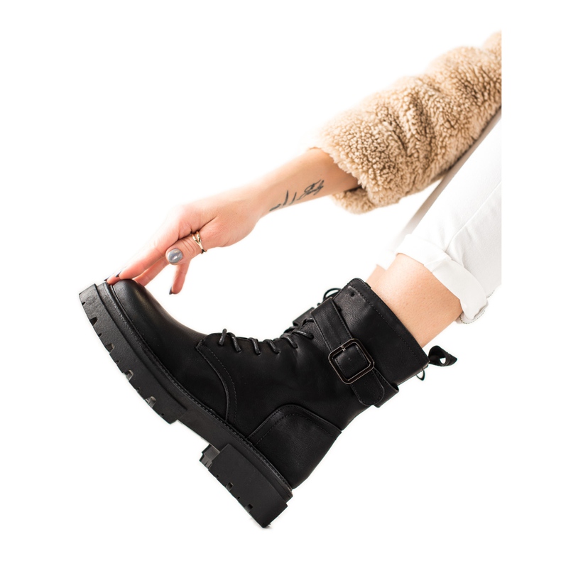 Super Mode Sznurowane Botki Ze Sprzączką czarne