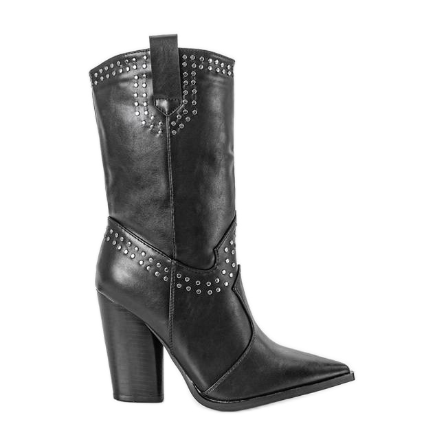 BM Czarne kowbojki ze zdobioną cholewką Bora