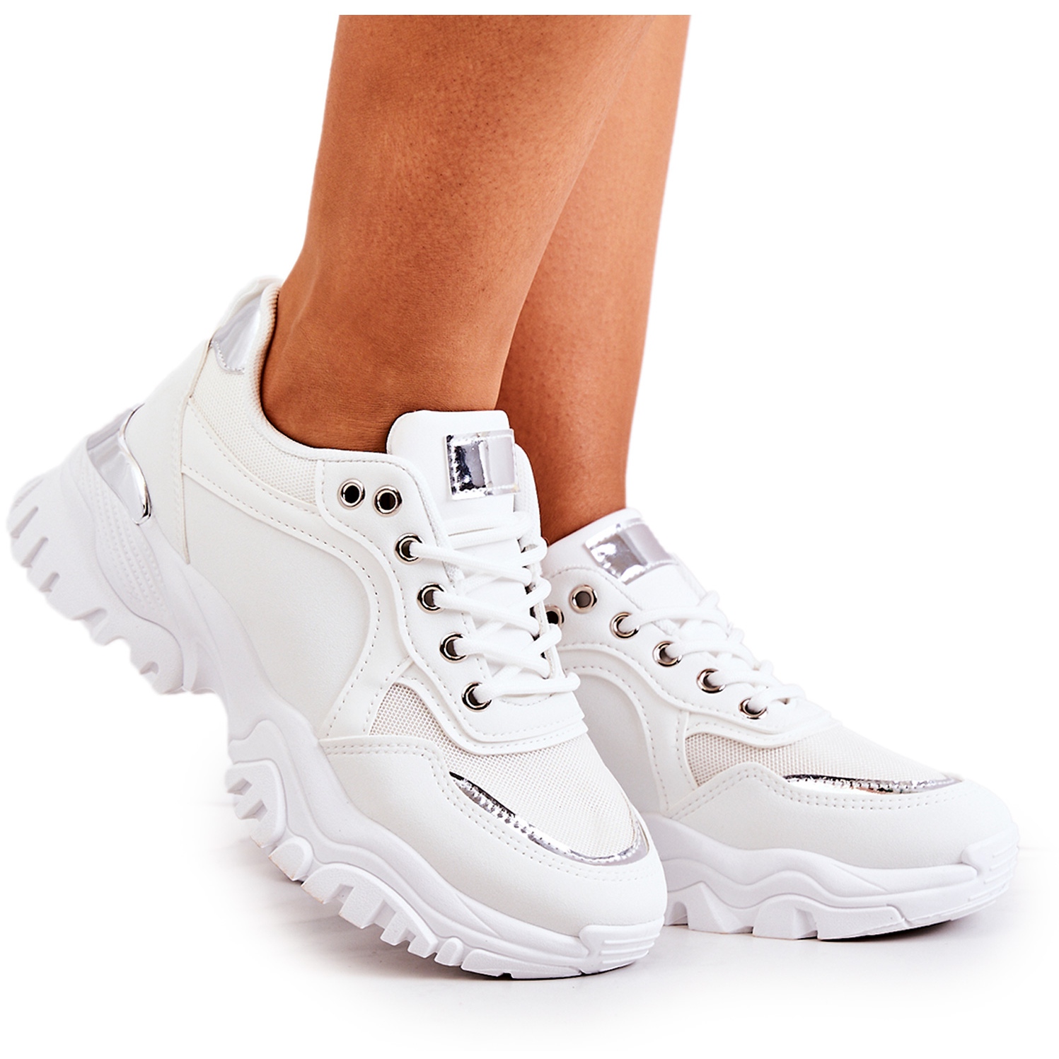 FS2 Sneakersy Na Platformie Białe Sallie srebrny
