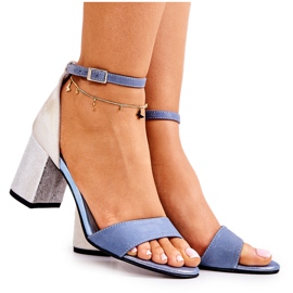 PA2 Skórzane Sandałki Na Słupku Przecierane Niebieskie Lorene srebrny