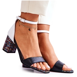 PA2 Skórzane Sandałki Na Słupku Czarno-Białe Lorene czarne wielokolorowe