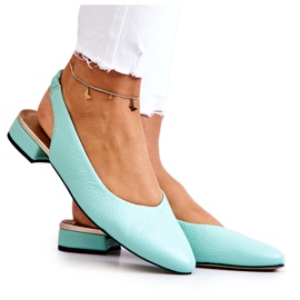 PA2 Skórzane Odkryte Baleriny Na Obcasie Zielone Noreen