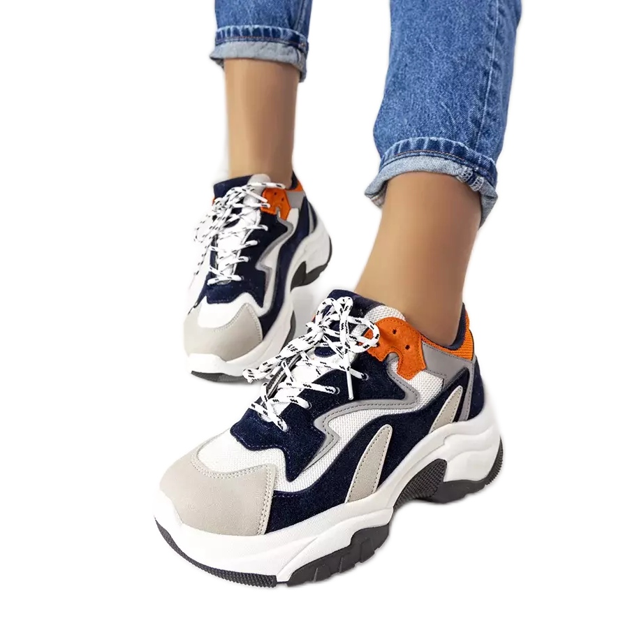 Granatowe sneakersy na wysokiej podeszwie Monica białe pomarańczowe szare