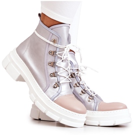 PK1 Botki Trapery Skórzane Srebrne Letty beżowy srebrny