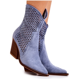 FB1 Botki Kowbojki Ażurowe Na Słupku Niebieskie Caroline