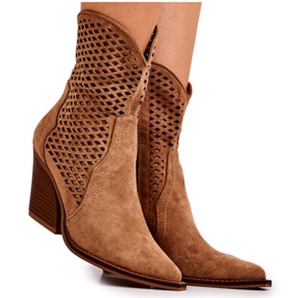 FB1 Botki Kowbojki Ażurowe Na Słupku Camel Caroline brązowe