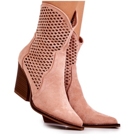 FB1 Botki Kowbojki Ażurowe Na Słupku Różowe Caroline