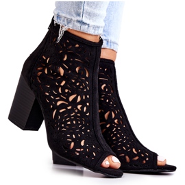 FB1 Botki Na Słupku Ażurowe Czarne Brittany