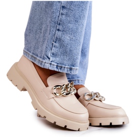 FB1 Skórzane Półbuty Loafery Łańcuch Beżowe Amicable beżowy