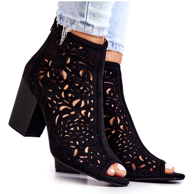 FB1 Botki Na Słupku Ażurowe Czarne Brittany