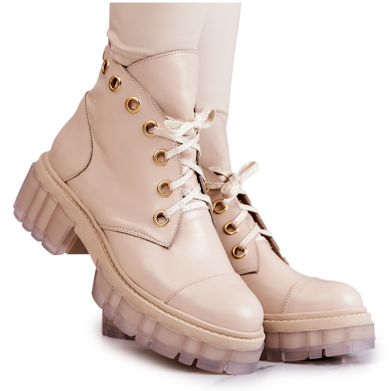 Skórzane Botki Z Masywną Podeszwą Beżowe Horizon beżowy