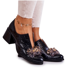 PA2 Eleganckie Skórzane Półbuty Na Obcasie Z Ozdobą Czarne Delaver