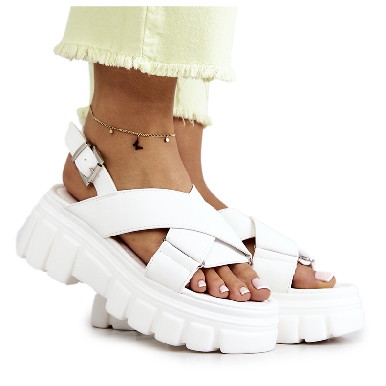 PE1 Skórzane Sandałki Na Platformie Białe Betti