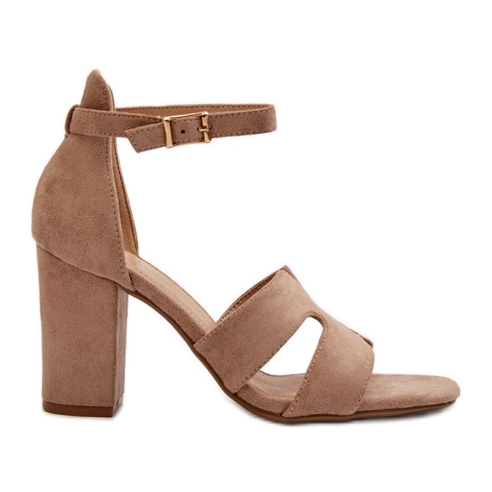 Modne Zamszowe Sandałki Na Obcasie Camel brązowe