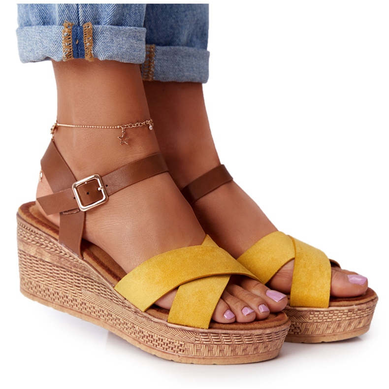 Sandały Na Koturnie S.Barski GD-38 Żółte brązowe