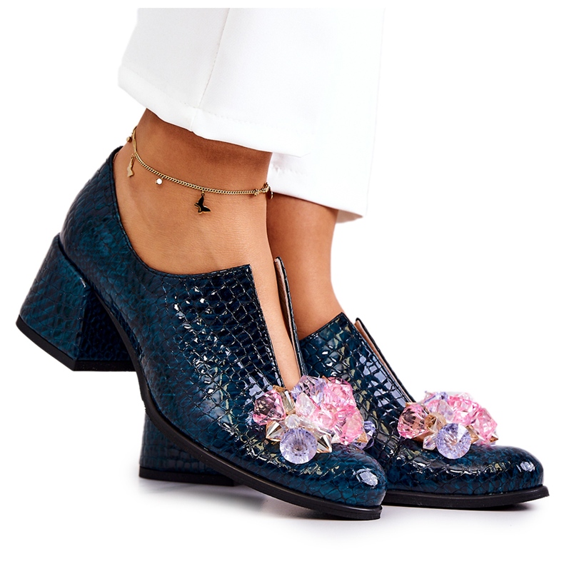 PA2 Skórzane Półbuty Wzór Krokodyl Z Ozdobą Zielone Delaver