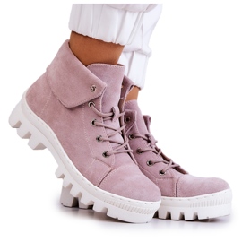 S.Barski Zamszowe Botki Trapery Wiązane Jasnofioletowe Dalles