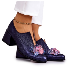 PA2 Skórzane Półbuty Metaliczne Z Ozdobą Granatowe Delaver