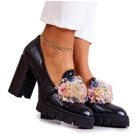 PA2 Eleganckie Czółenka Z Ozdobą Wężowe Czarne Caterine