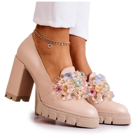 PA2 Eleganckie Czółenka Z Ozdobą Gładkie Beżowe Caterine beżowy