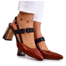 Sergio Leone Modne Skórzane Czółenka Maciejka 05498-29 Brązowo-Czarne brązowe