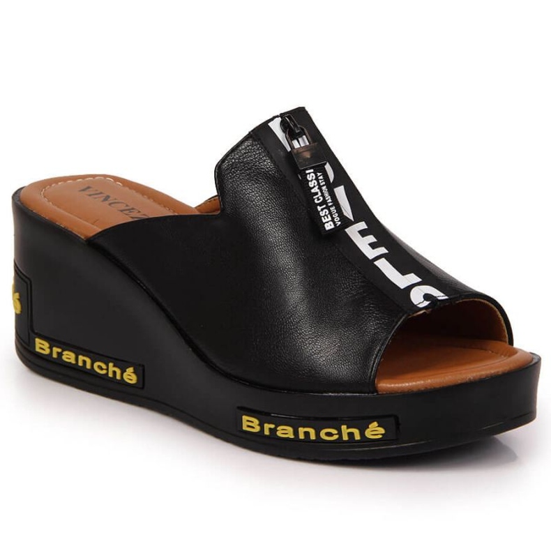 Klapki na koturnie z napisami Vinceza W JAN109 czarne