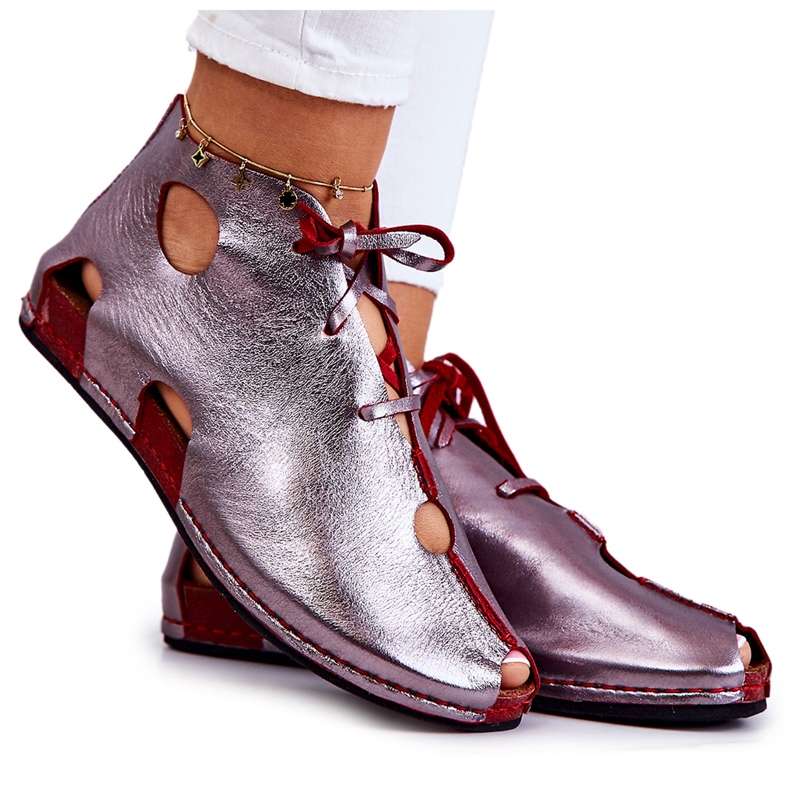 Lekkie Skórzane Botki Maciejka 03426-20 Srebrno-Czerwone