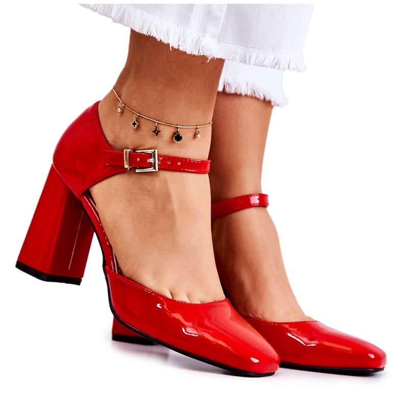 PG1 Modne Lakierowane Czółenka Na Słupku Czerwone Maoris