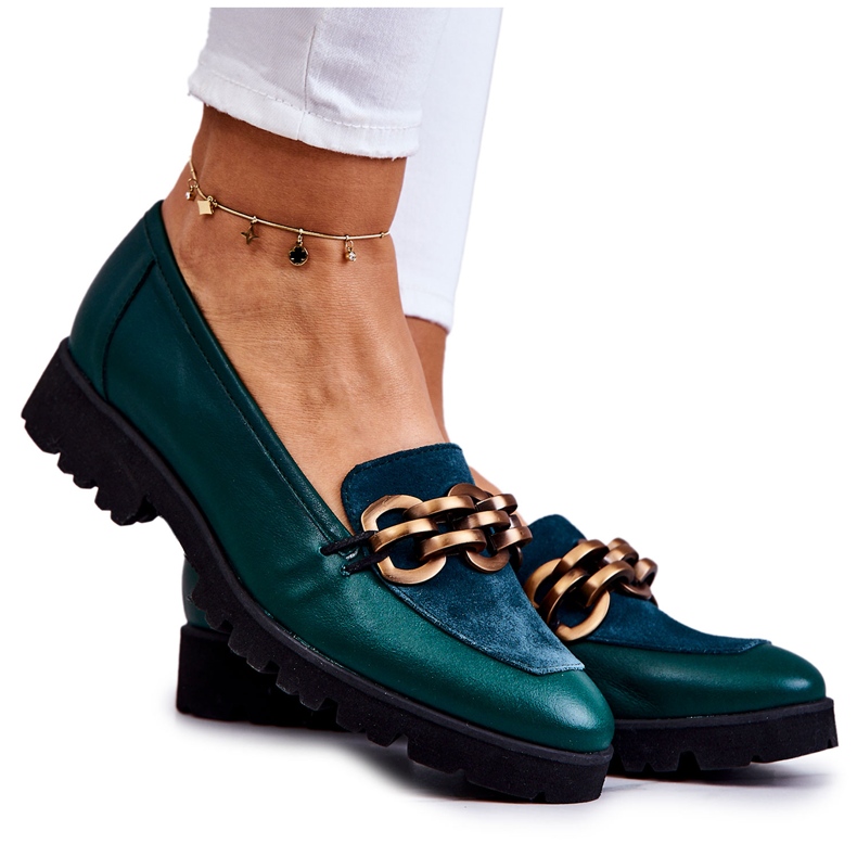 PA2 Eleganckie Skórzane Mokasyny Z Łańcuchem Zielone Geneva