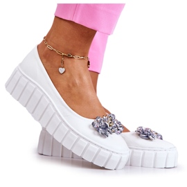 PA2 Skórzane Baleriny Na Platformie Z Ozdobą Białe Ladette