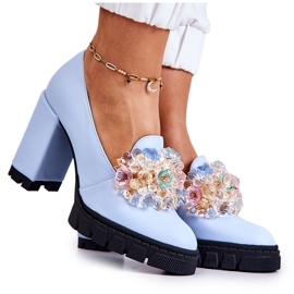 PA2 Eleganckie Czółenka Z Ozdobą Gładkie Niebieskie Caterine