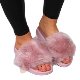 Klapki damskie kapcie z futerkiem jasny fiolet Msmg fioletowe