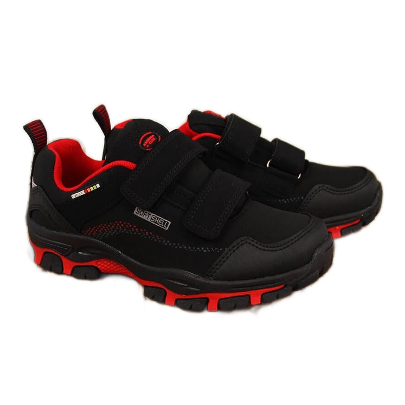 Buty trekkingowe dziecięce wodoodporne na rzepy czarno-czerwone American Club czarne