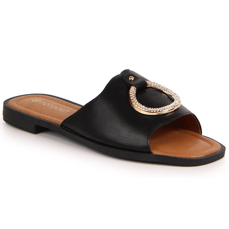 Klapki damskie z ozdobą czarne Potocki