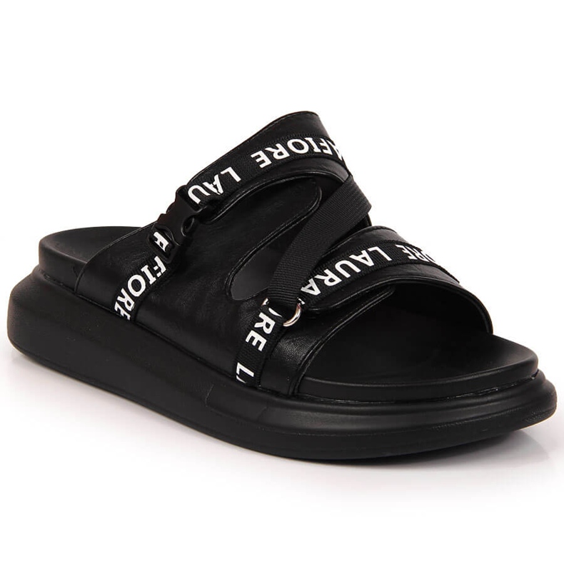 Klapki na platformie z napisami czarne Laura La.Fi