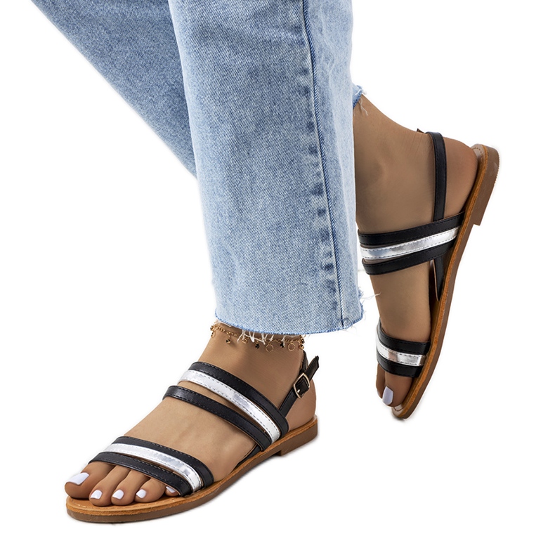 Czarne sandały damskie Hibbins srebrny