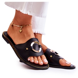 Vinceza Skórzane Damskie Klapki Z Ozdobą Czarne Marinell