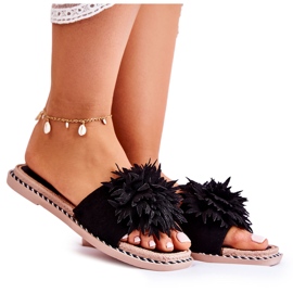 FJ1 Zamszowe Damskie Klapki Z Ozdobą Czarne Giorgia