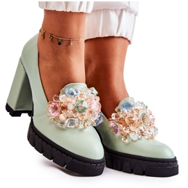 PA2 Eleganckie Czółenka Z Ozdobą Gładkie Zielone Caterine