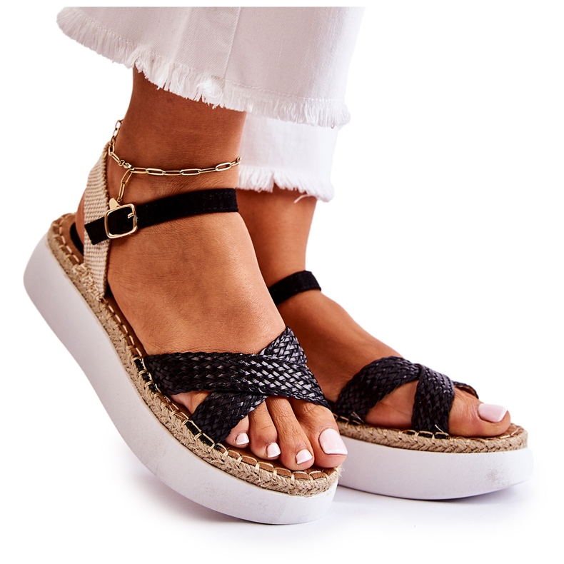 FL1 Damskie Plecione Sandały Na Platformie Czarne Selea