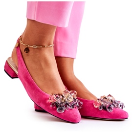 PA2 Zamszowe Baleriny Na Obcasie Z Ozdobą Różowe Elenie