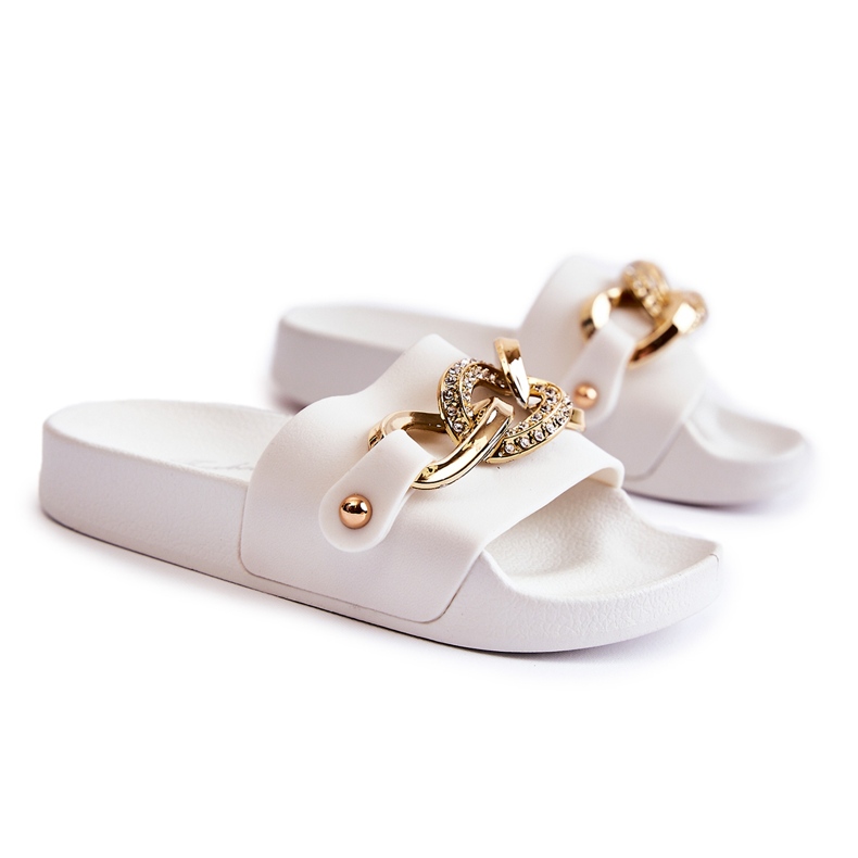 FK1 Gumowe Dziecięce Klapki Z Ozdobnym Łańcuchem Białe Suzie