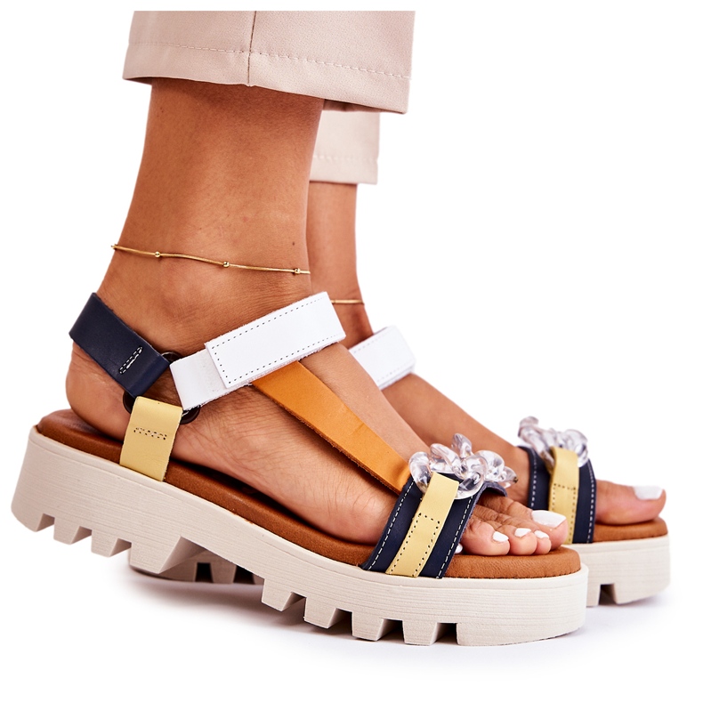 Skórzane Sandały Na Rzepy Maciejka L5009-02 Granatowo-Białe granatowe