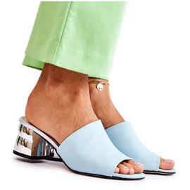 PA2 Skórzane Klapki Damskie Na Obcasie Niebieskie Perry