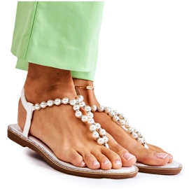 PG1 Modne Sandały Japonki Z Perłami Białe Isalia
