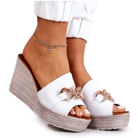 Lewski Shoes Skórzane Klapki Na Koturnie Lewski 3062 Białe