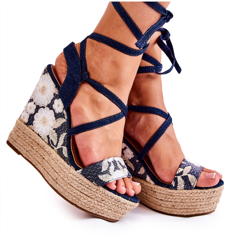 WS1 Modne Wiązane Sandały Na Koturnie Granatowe Recife niebieskie