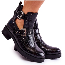 PG1 Damskie Botki Z Wycięciami Wężowe Czarne Santhana
